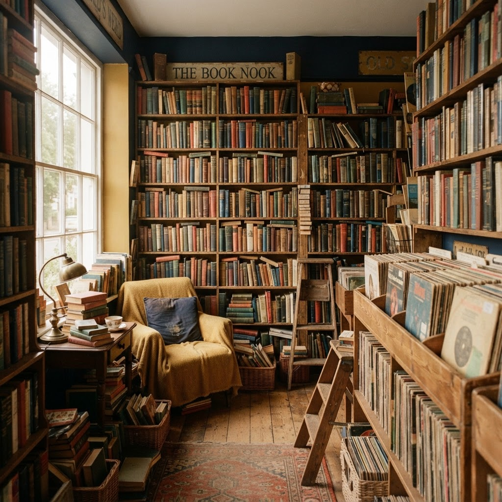 Densely packed wooden bookshelves inside a cozy second-hand bookstore, with a vinyl record rack nearby