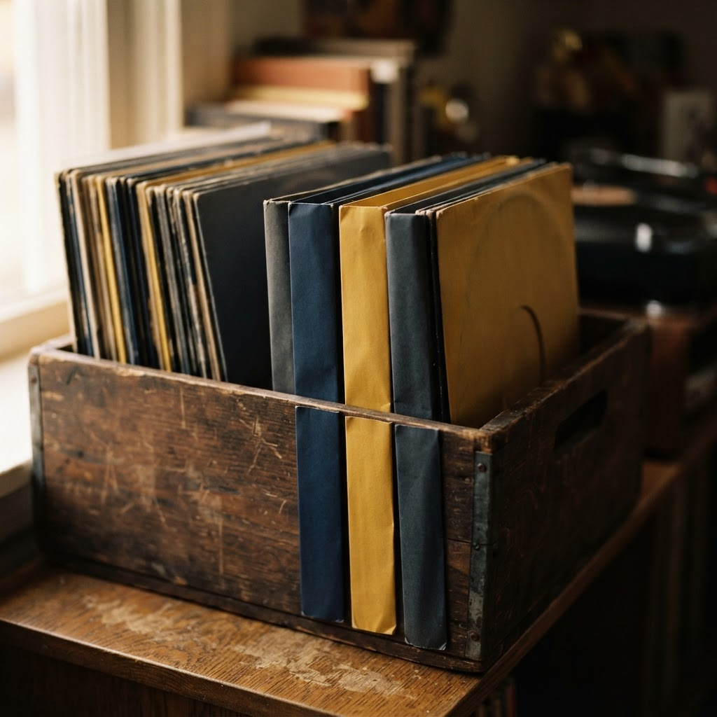 Close-up of vinyl records standing upright in a wooden crate
